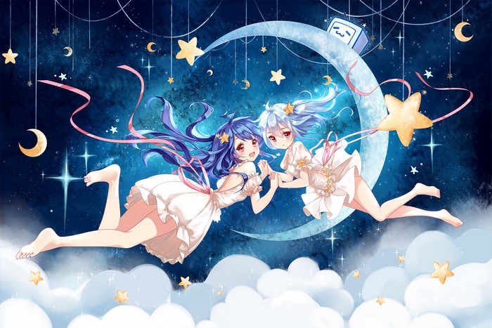 Two anime girls floating in a starry night sky