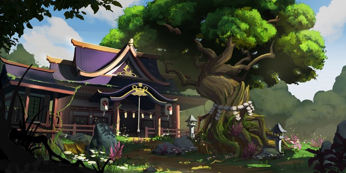 Japanese Temple and Old Tree Landscape