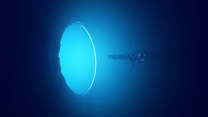 Spaceship approaching a glowing blue portal