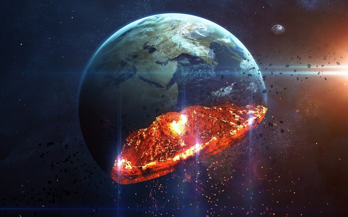 Earth being destroyed by a meteor impact