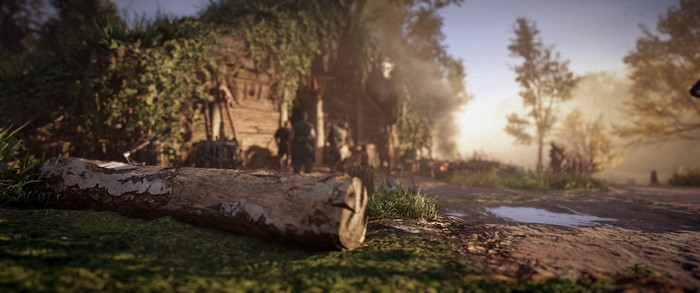 Assassins Creed Valhalla village scene with log