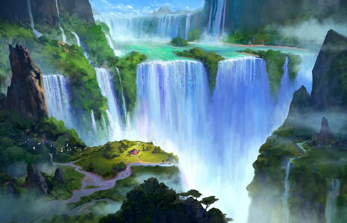 Digital painting of a majestic waterfall landscape