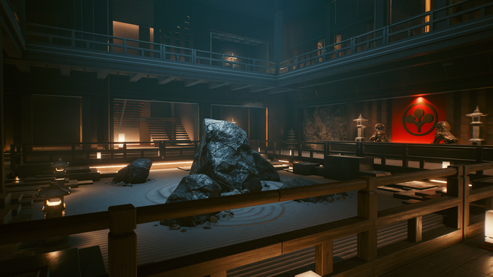 Cyberpunk 2077 Arasaka interior with Japanese garden