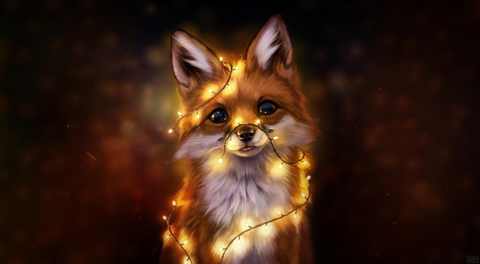 Artwork of a fox with Christmas lights
