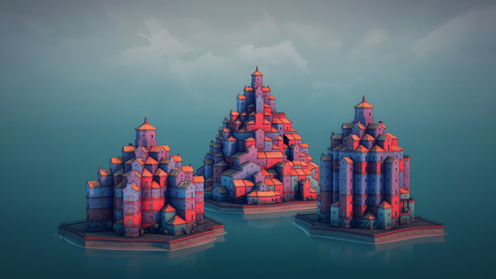 Three floating island cities with stacked buildings