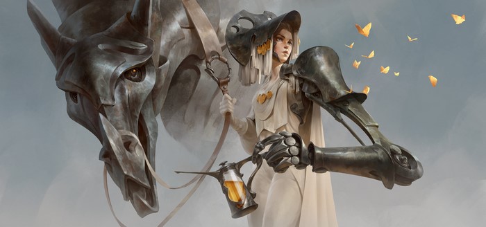 Fantasy girl with mechanical horse and butterflies