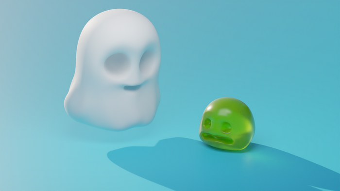 3D cartoon ghosts on a blue background