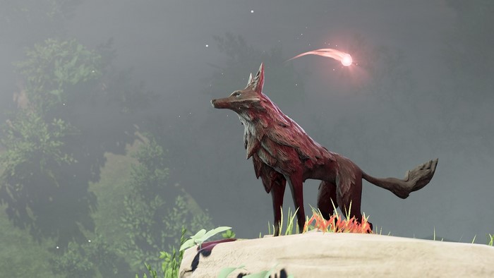 A fox-like creature on a cliff in Lost Ember