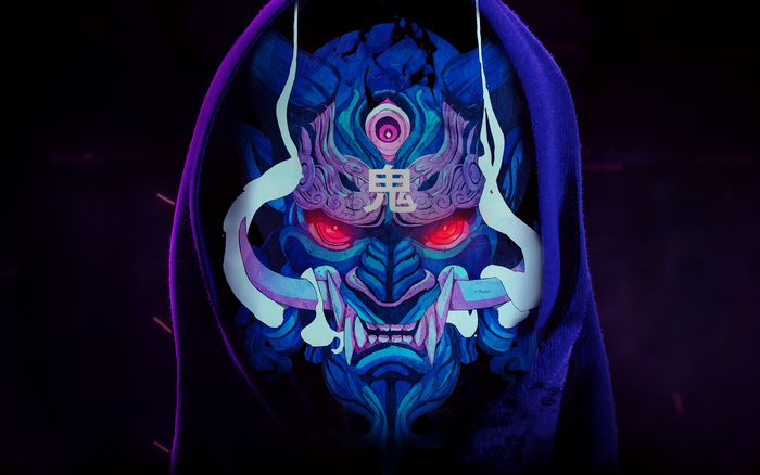 Oni Mask with Glowing Red Eyes