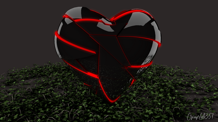 Broken black heart with red neon lights on grass