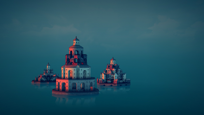 Digital art of floating island towns with towers