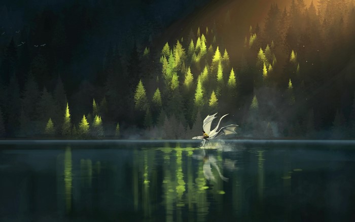 Dragon flying over a lake in a forest