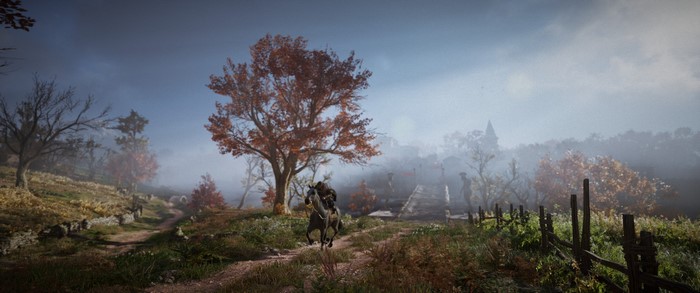 Assassin riding a horse through a misty landscape