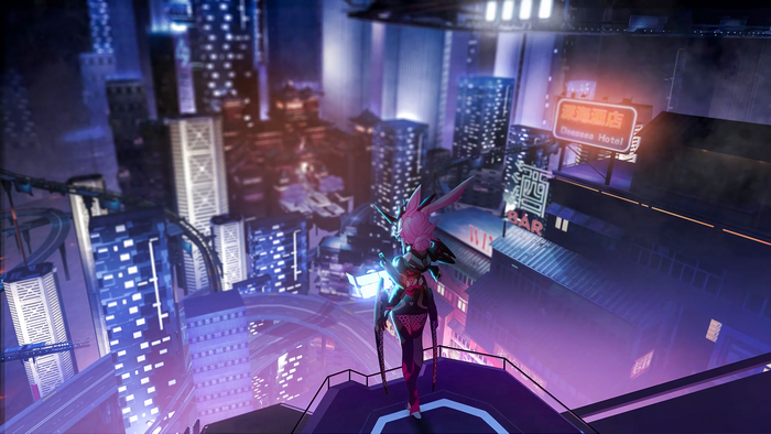 Yae Sakura from Honkai Impact 3rd in a futuristic cityscape