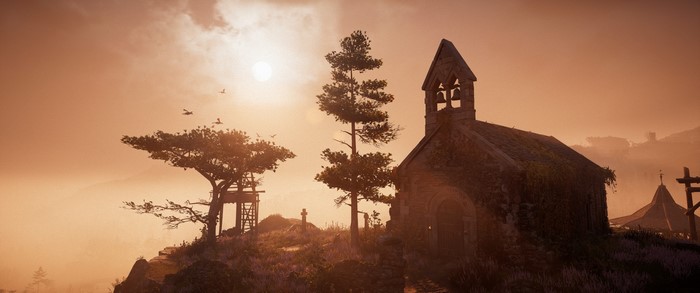Assassin's Creed Valhalla: A church and tree at sunset