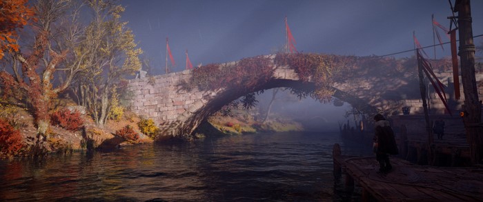 Assassin's Creed Valhalla screenshot of a bridge and river