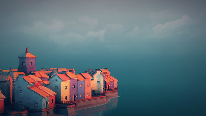 Townscaper video game art with colorful buildings by the sea