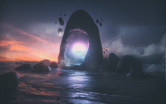 Fantasy portal artwork with glowing light and rocks