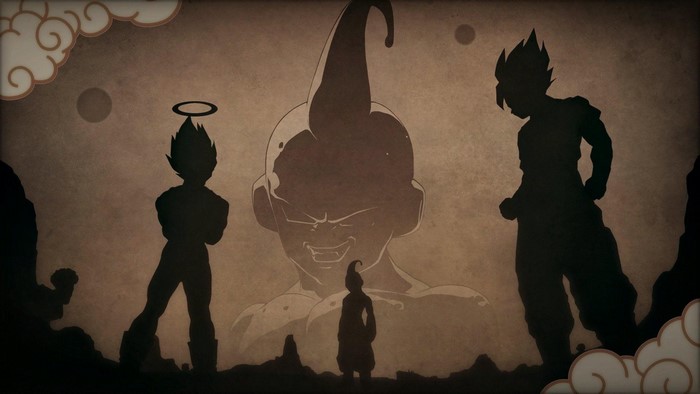 Majin Buu, Vegeta, and Son Goku from Dragon Ball Z: Kakarot