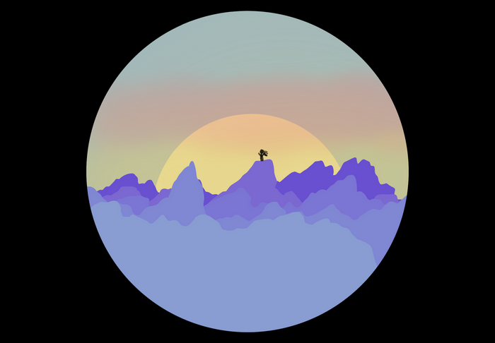 Silhouette of a person on a mountain peak at sunset