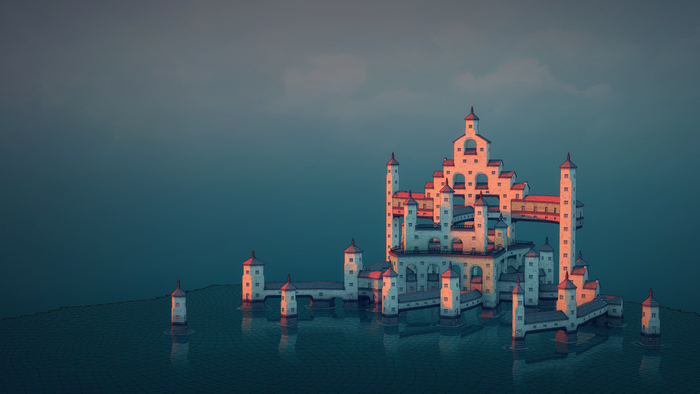Townscaper castle on water