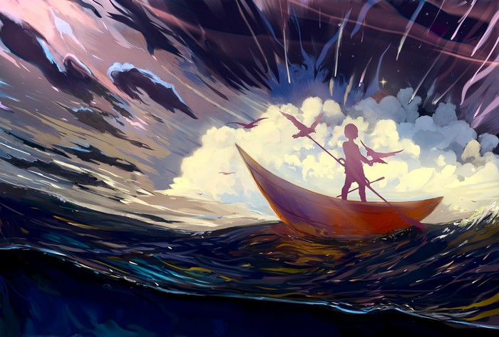 Artwork of a child in a boat with birds