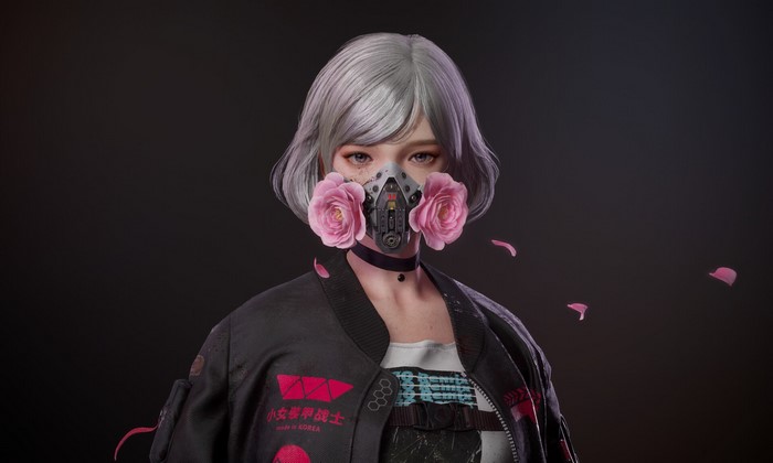 Woman with white hair wearing a mask with roses