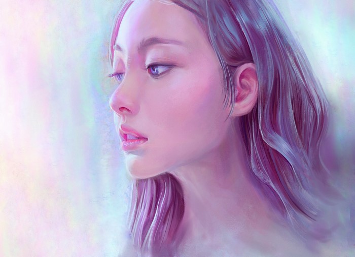 Artwork of a woman with long purple hair and blue eyes