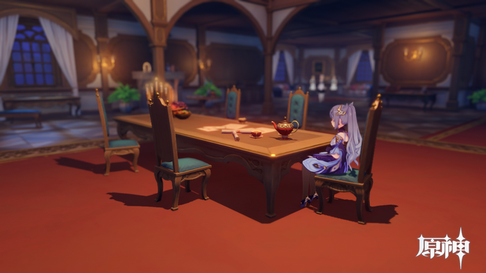 Keqing from Genshin Impact sitting at a dining table