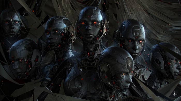 Group of robots with red eyes in science fiction art