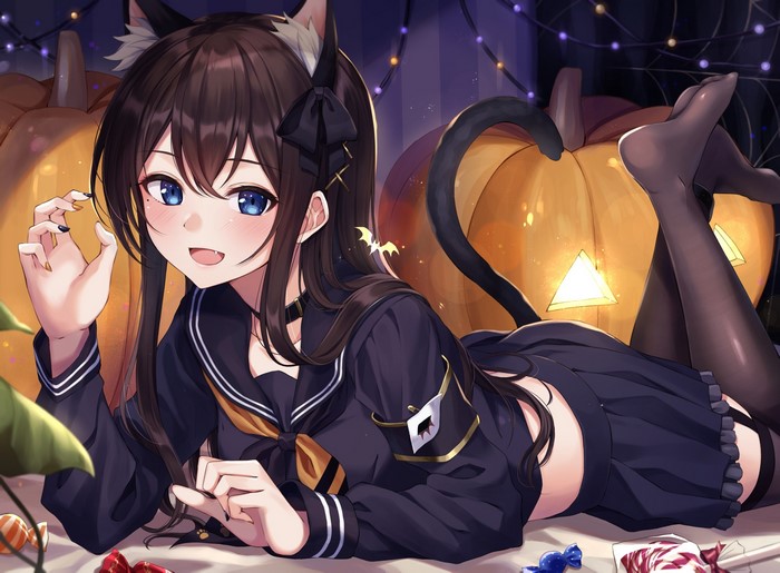 Anime cat girl in school uniform with pumpkins