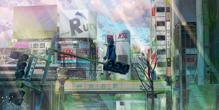 Anime girl sitting on traffic light in Shibuya
