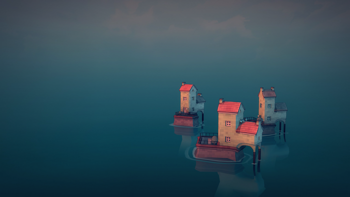 Townscaper video game art with houses on water