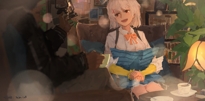 Anime girl with white hair and orange bow in sofa with coffee