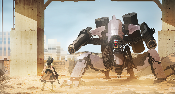Girl with gun facing a giant robot in a ruined city
