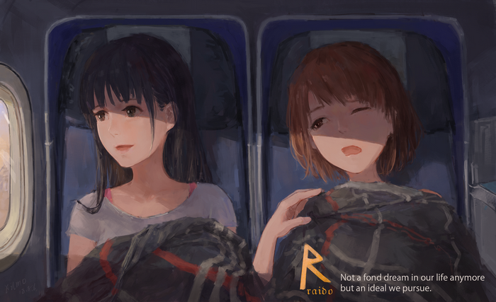 Two anime girls on an airplane