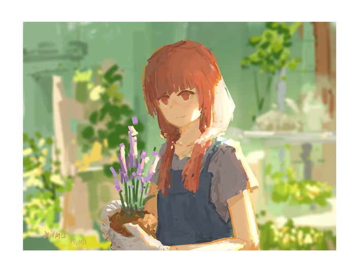 Anime girl holding lavender plant
