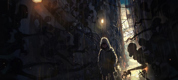 A hooded figure stands in a rainy alleyway with shadowy figures