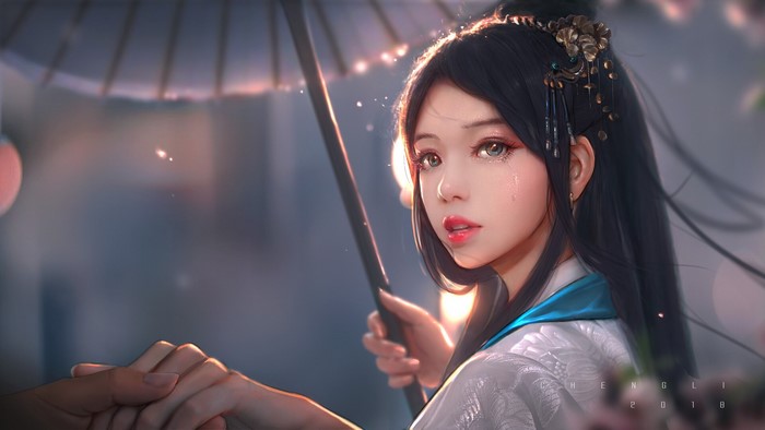 Anime girl with dark hair holding an umbrella