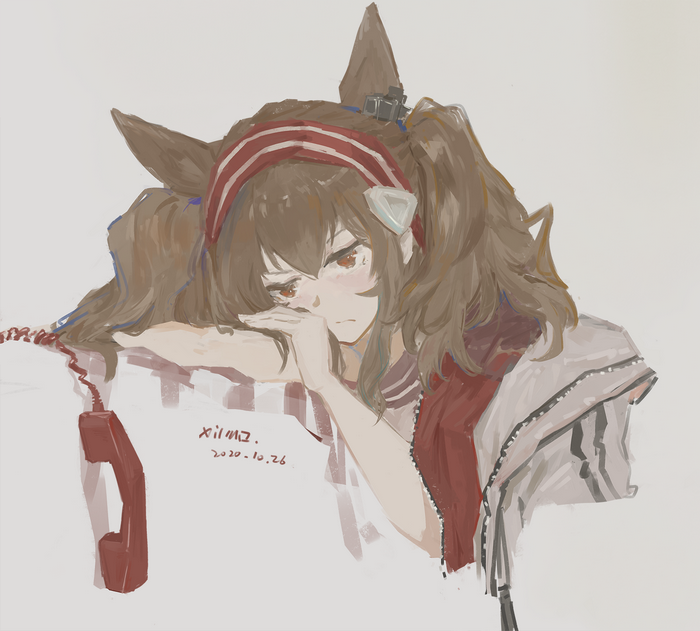 Angelina from Arknights with a telephone