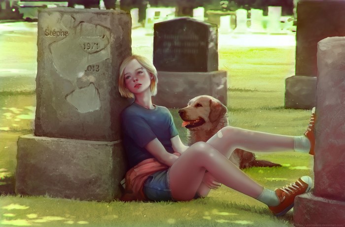 Digital Art of Blonde Woman and Dog in Graveyard