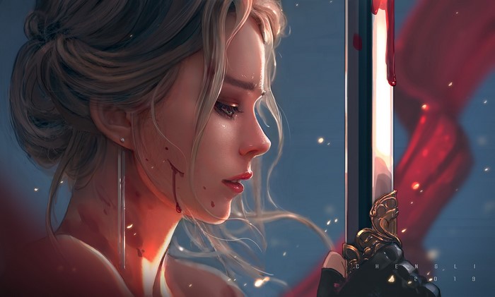 Woman with sword and blood, fantasy art by Cheng Li