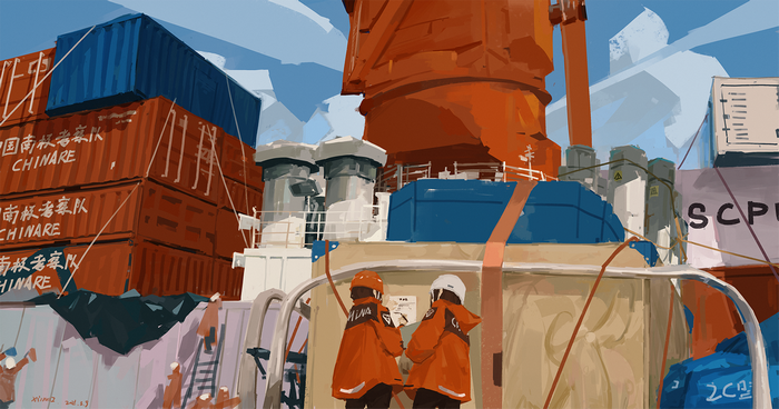 Container Ship with Workers and Crane