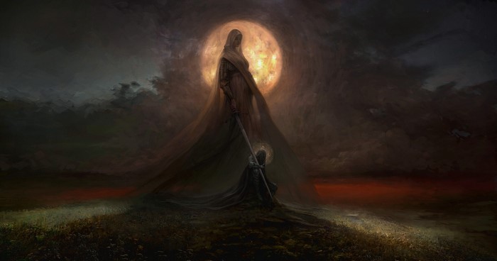 Artwork of a cloaked figure and a kneeling figure before a large moon