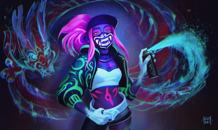 K/DA Akali spray painting a dragon mural