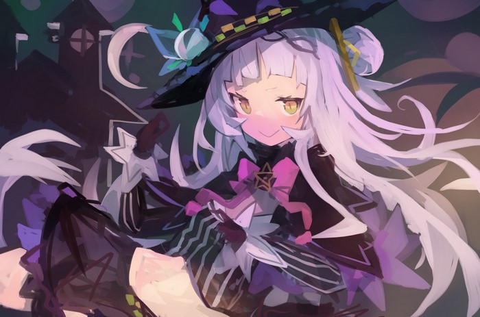 Murasaki Shion from Hololive wearing a witch hat