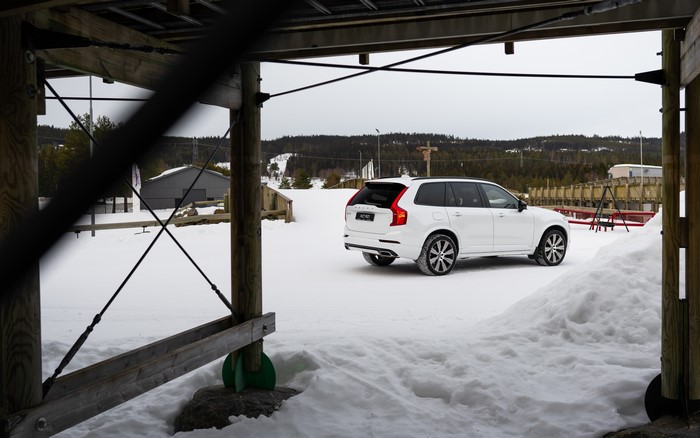 White Volvo XC90 SUV in a Snowy Landscape