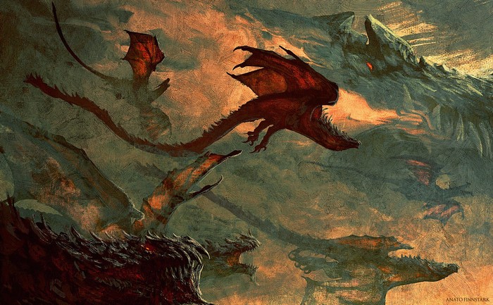 Fantasy art of dragons in flight