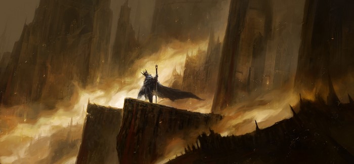 Dark King with Staff in Fantasy City
