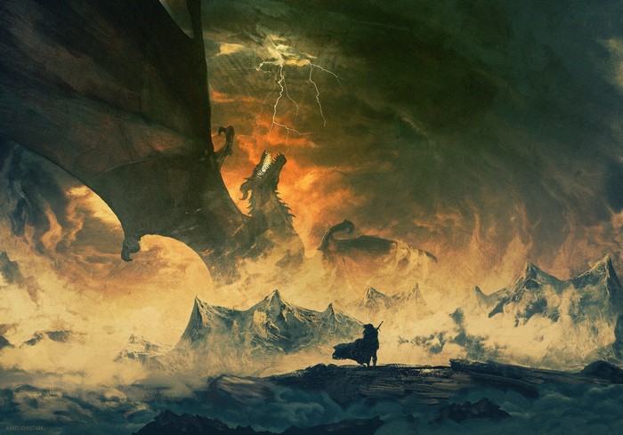 Dragon and warrior in a stormy mountain landscape
